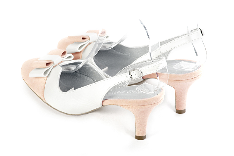 Powder pink and pure white women's open back shoes, with a knot. Round toe. Medium slim heel. Rear view - Florence KOOIJMAN